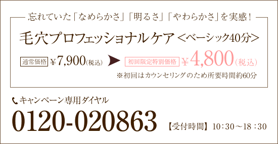 忘れていた「なめらかさ」「明るさ」「やわらかさ」を実感！毛穴プロフェッショナルケア＜ベーシック40分＞[通常価格]￥7,900（税込）→[初回限定特別価格]｜4,800（税込）※初回はカウンセリングのため所要時間約60分　【キャンペーン専用ダイヤル】0120-020863【受付時間】10:30～18:30