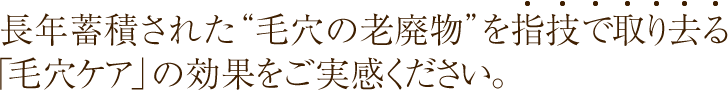 長年蓄積された“毛穴の老廃物”を指技で取り去る「毛穴ケア」の効果をご実感ください。