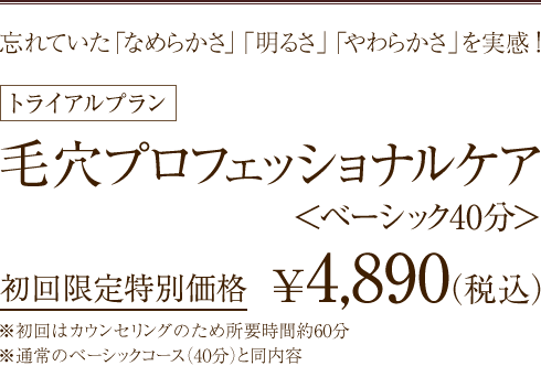 忘れていた「なめらかさ」「明るさ」「やわらかさ」を実感！【トライアルプラン】毛穴プロフェッショナルケア＜ベーシック40分＞[初回限定特別価格]4,890円（税込）※初回はカウンセリングのため所要時間約60分 ※通常のベーシックコース（40分）と同内容